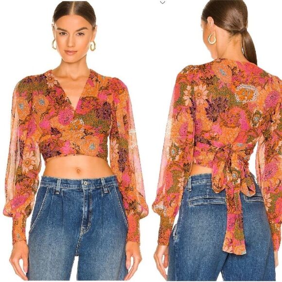 A.L.C. Samara Silk Floral Cropped Top Orange Pink Long Sleeve Blouse size 00 - Picture 7 of 13